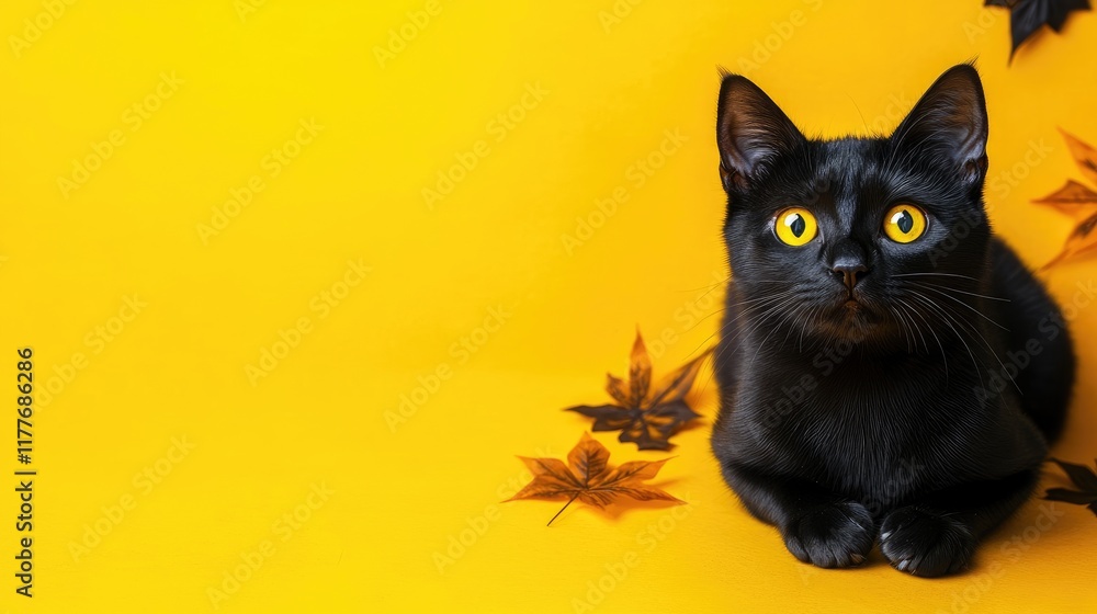 Poster black cat on yellow background for halloween with autumn leaves and copy space for text in wide form