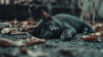 Gray Cat Relaxing on Ground Surrounded by Dry Leaves with Copyspace for Text in Warm Autumn Light