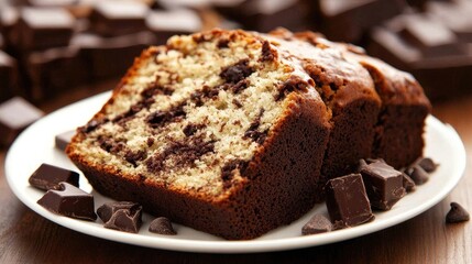 Deliciously moist banana bread slice with rich dark chocolate chunks on a plate surrounded by chocolate pieces.