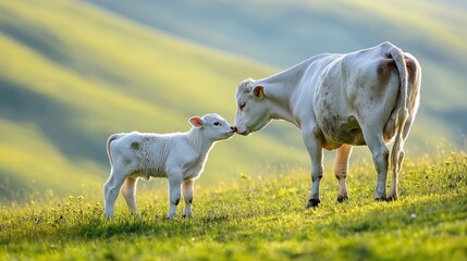Obraz premium A playful white bull calf standing next to its mother in a lush green pasture under soft morning light.