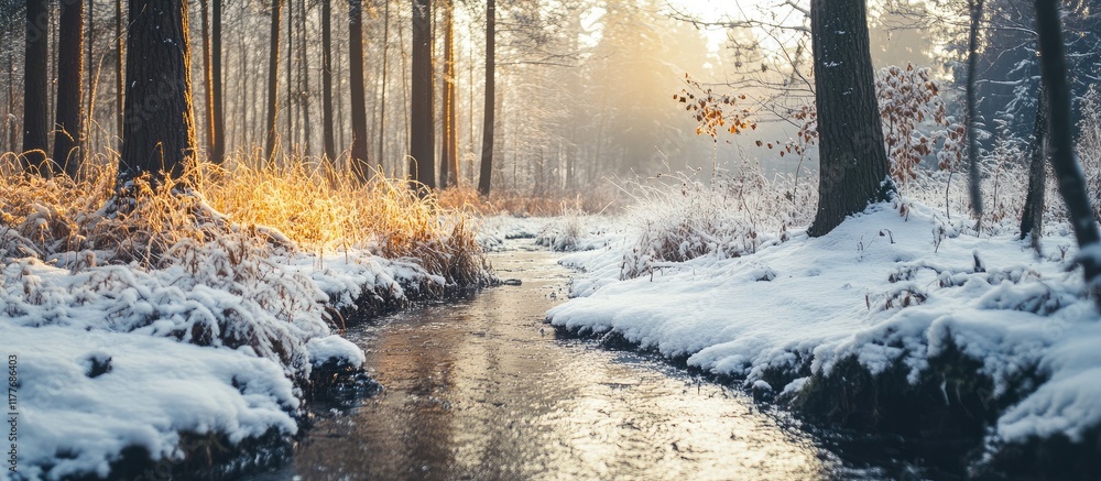 Poster winter landscape with frosty flora and river in forest captured on sunny day with empty copyspace fo