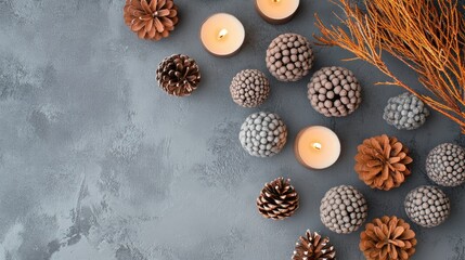 Fototapeta premium Decorative candles and natural elements on a textured gray background creating a cozy and warm atmosphere for seasonal celebrations