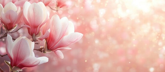 Fototapeta premium Elegant magnolia flowers on a soft pink background creating a serene atmosphere with ample space for personalized text or branding.
