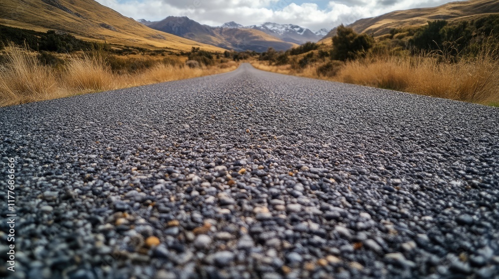 Poster serene pathway through nature with bokeh effect and mountains in the background under a cloudy sky i