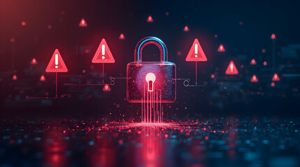A security breach concept: glowing warning signs and data streams leaking through a digital lock