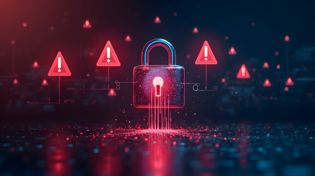A security breach concept: glowing warning signs and data streams leaking through a digital lock