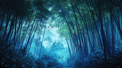 Serene Bamboo Grove Landscape with Misty Atmosphere and Lush Greenery Ideal for Nature and Tranquility Themes