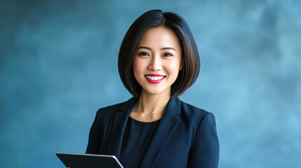 Obraz premium A woman in a black suit and red lipstick is holding a tablet