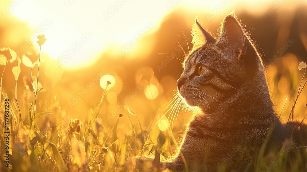 Poster serene tabby cat basking in golden sunlight among grass with soft bokeh creating a peaceful and warm