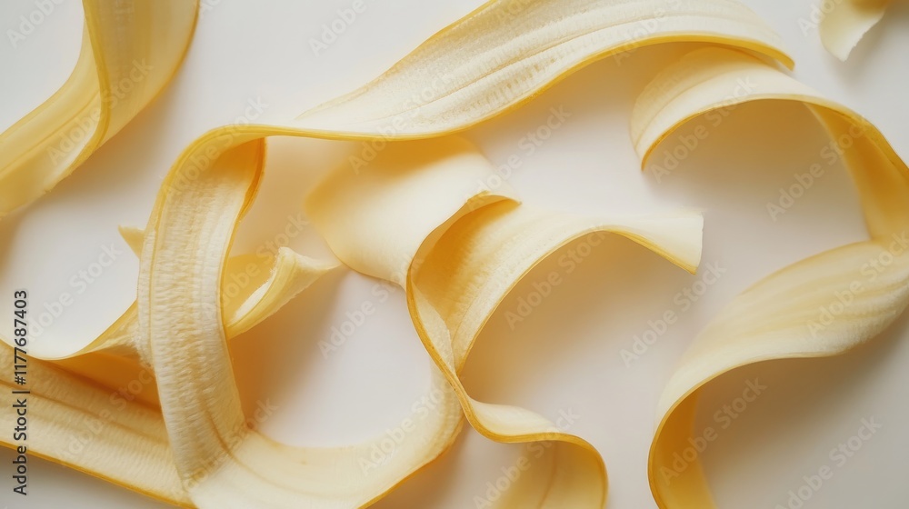 Poster curved banana peel strips on a clean white background showcasing texture and color for creative desi