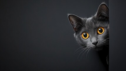 Mysterious gray cat with striking orange eyes peeking from dark background creating a captivating atmosphere for text placement