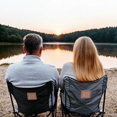 Fototapeta premium Serene Moment of a Couple Watching Sunset by the Lake Surrounded by Nature in Relaxed Outdoor Setting