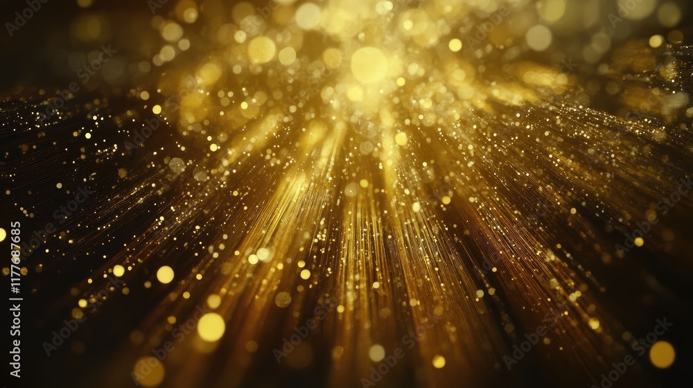 Poster golden bokeh light abstract background with shimmering particles and radiant beams creating a festiv