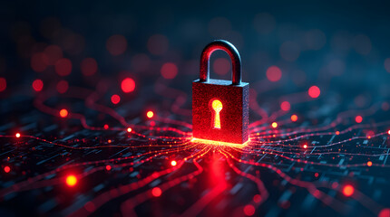 A security breach concept: glowing warning signs and data streams leaking through a digital lock