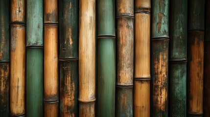 Textured bamboo wall with varying shades of green and brown showcasing natural patterns and rustic charm applicable to eco-friendly concepts.