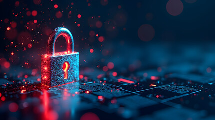 A security breach concept: glowing warning signs and data streams leaking through a digital lock