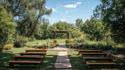 Obraz premium Ornate outdoor wedding ceremony setup featuring floral arch and wooden seating surrounded by lush greenery under a clear blue sky
