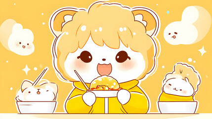 Fototapeta premium Adorable cartoon animals enjoying sweet treats; cheerful yellow aesthetic; perfect for children's books, websites, or social media.