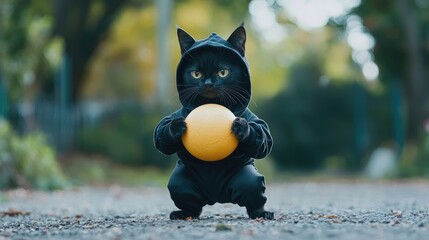 Playful black cat in a sports outfit exercising with a medicine ball outdoors, showcasing a humorous fitness theme and feline energy.