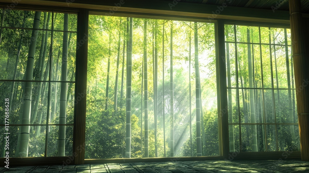 Poster serene bamboo forest view through traditional window with sunlight streaming creating a tranquil and