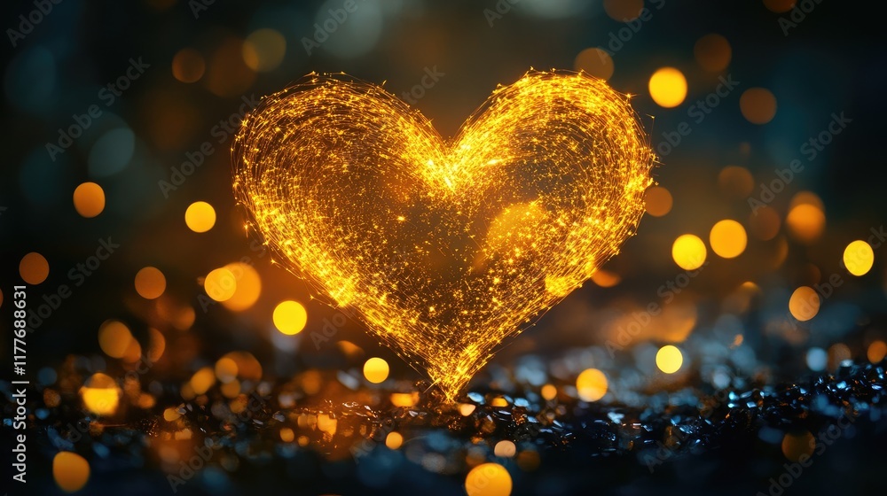 Poster golden bokeh heart shape sparkling with light against a dark background creating a romantic and drea