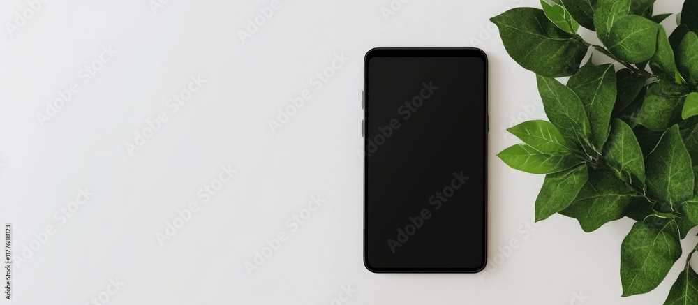 Poster smartphone mockup top view isolated blank screen on white background with green leaves for text or d