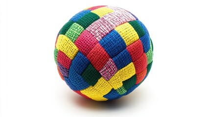Obraz premium Colorful synthetic fabric ball toy for children isolated on a white background showcasing vibrant woven design for playful activities.