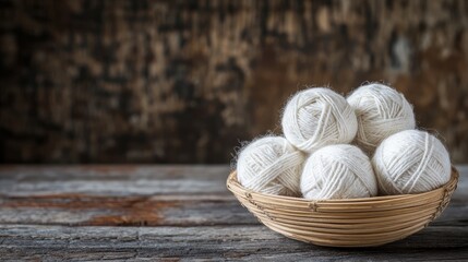 Natural white wool balls in a bamboo dish on a rustic wooden table with a weathered background for crafting or textile presentations