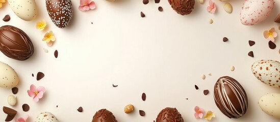 Chocolate Easter eggs and sweets arranged on a neutral background with space for text perfect for seasonal promotions or invitations