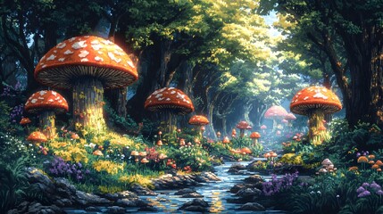 Whimsical Magical Forest with Towering Mushrooms and Enchanted Creatures