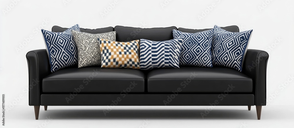 Poster black couch adorned with decorative pillows featuring various patterns and textures with ample copys