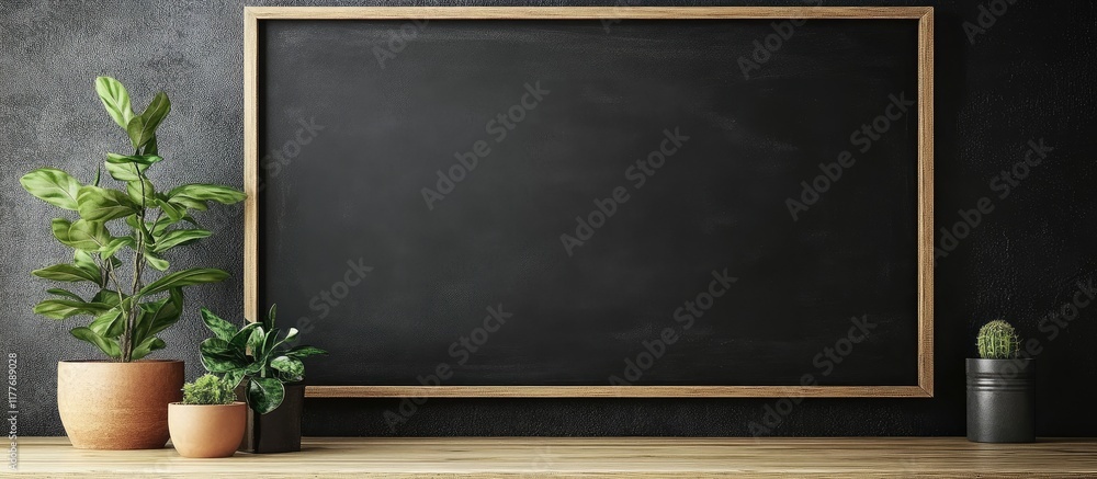 Poster chalkboard decor mockup for stylish wall display featuring empty copyspace for custom text and green