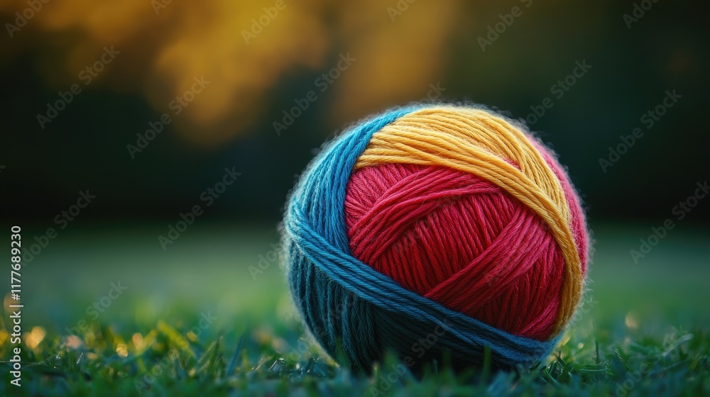 Poster colorful ball of yarn resting on grass with a blurred natural background creating a warm and invitin