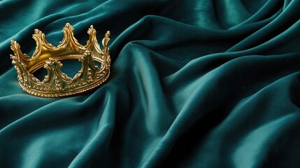 A traditional golden crown resting on a deep emerald green velvet fabric, luxurious and regal.