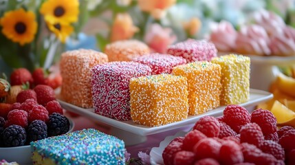A Vibrant Lamington-Themed Dessert Table: Celebrate with Colorful Sweets for a Joyful Birthday Party