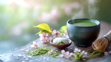 An Inviting Still-Life of Green Matcha Tea with Sakura Blossoms and Bamboo Whisk on a Rustic Table