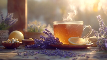 A Serene Still-Life of Lavender Tea on a Wooden Table: Embracing Calm and Wellness through Herbal Traditions