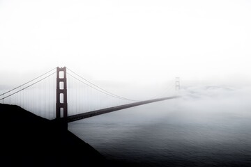 Obraz premium A moody, high-definition studio background with a foggy bridge disappearing into shadows. The faint outlines of cables and beams create a sense of isolation and dramatic tension.