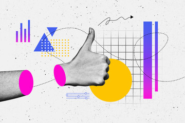 Trend artwork banner sketch 3D photo collage of showing gesture finger body language hand thumb up...