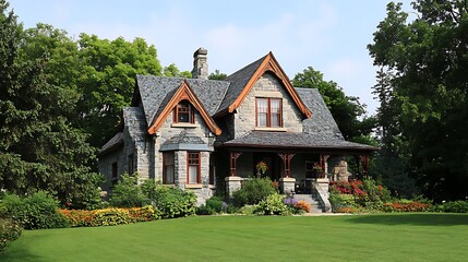 Obraz premium Beautiful house in the garden with blue sky and green grass.