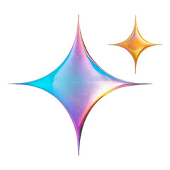 3D chrome element in Y2K style, isolated background, liquid holographic metal. Colorful stars with a blue center and yellow tip.