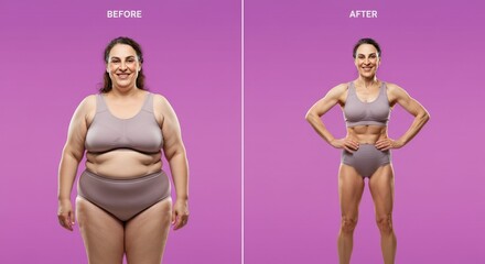 Transformation journey of female adult caucasian achieving fitness goals before and after