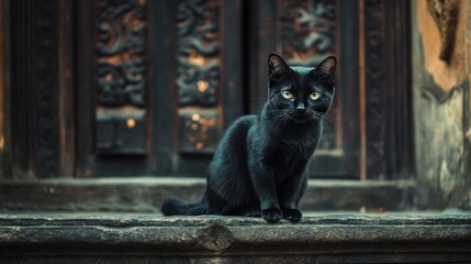 Black cat sitting gracefully on a stone step, with a rustic wooden door in the background.