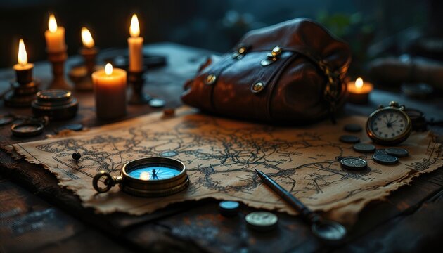 Une table de bois massif porte les outils d&rsquo;un explorateur : une boussole ouverte, une carte au tr&eacute;sor tach&eacute;e, des bougies fondues et une sacoche renfermant des secrets.