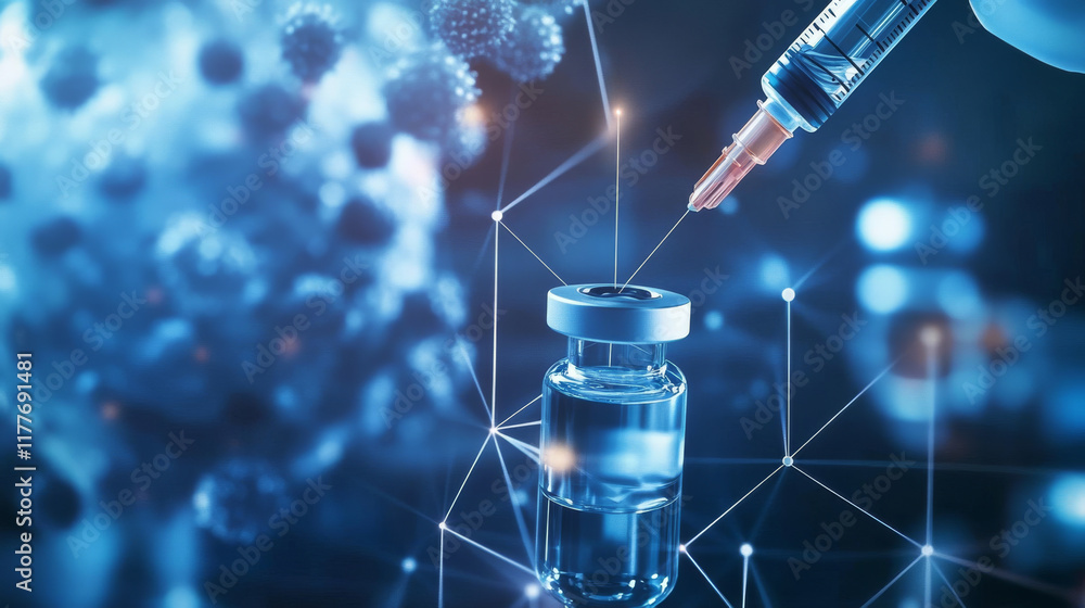 Poster a hologram of an injection into a virus. vaccination of polygons, triangles of dots and lines. injec