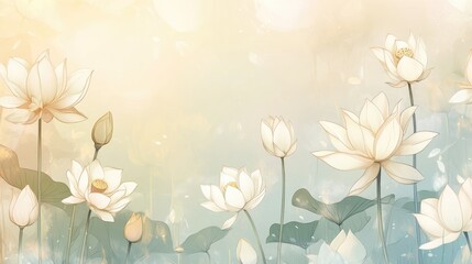 Blooming lotus with pastel petals, highlighted on a pale green and yellow gradient background.