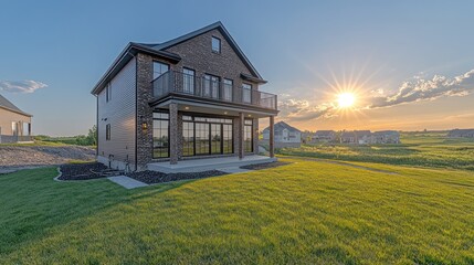Obraz premium Brick house sunset backyard view.