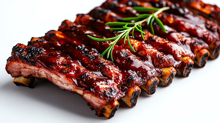Obraz premium Closeup of American BBQ ribs with smoky sauce, energetic street festival