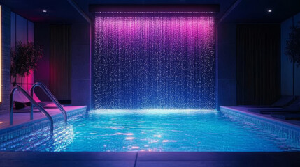 Silhouette of a swimming pool with waves made of glowing, multicolored dots, resembling stars. The particles symbolize relaxation, recreation, and the joy of water.