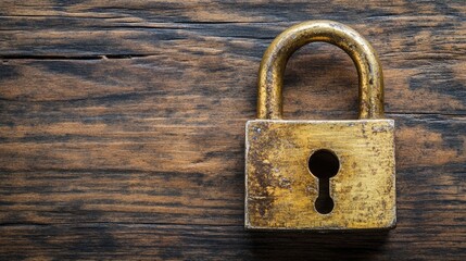 Fototapeta premium Brass padlock with a weathered finish on a dark wood background, rustic and natural.